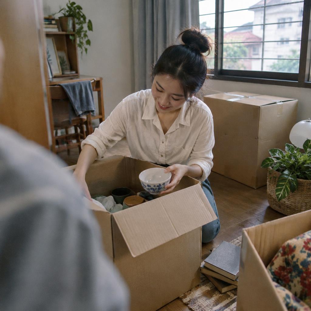 Người phụ nữ đang đóng gói đồ dùng gia đình vào thùng carton