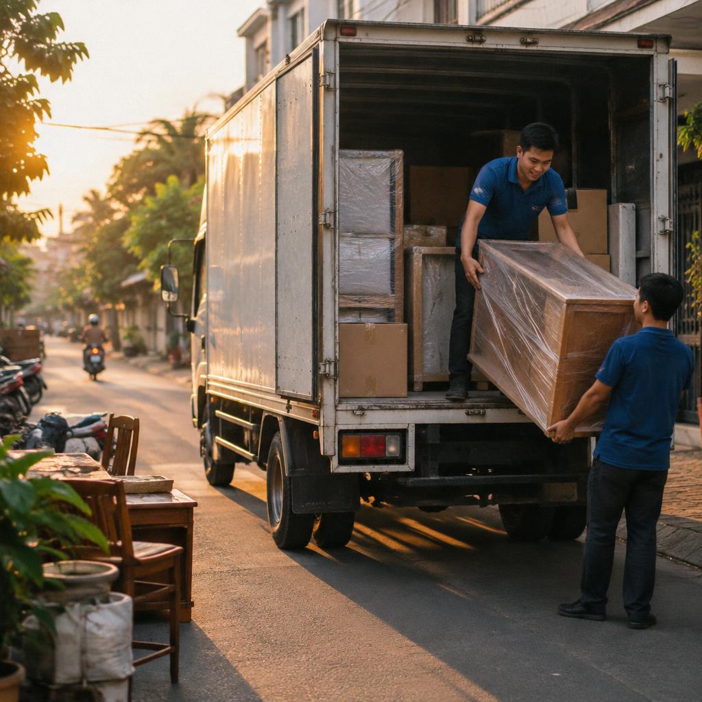 Xe tải của dịch vụ chuyển nhà chuyên nghiệp đang vận chuyển đồ đạc