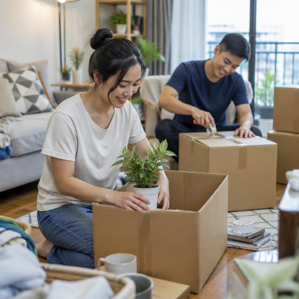 Một gia đình đang cùng nhau đóng gói đồ đạc trong phòng khách để chuẩn bị chuyển nhà giá rẻ.