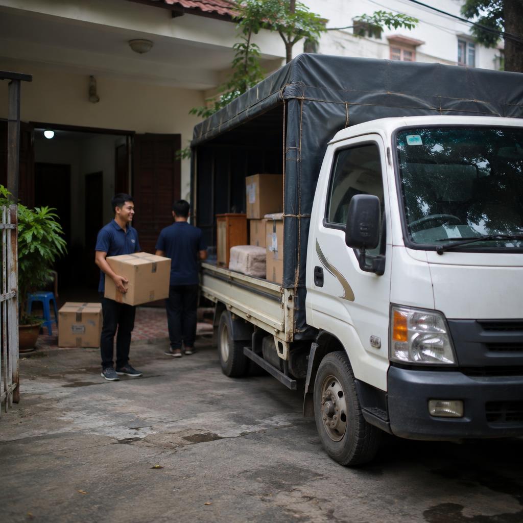 Một chiếc xe tải chuyển nhà chuyên nghiệp đang đỗ trước một ngôi nhà, sẵn sàng vận chuyển đồ đạc.