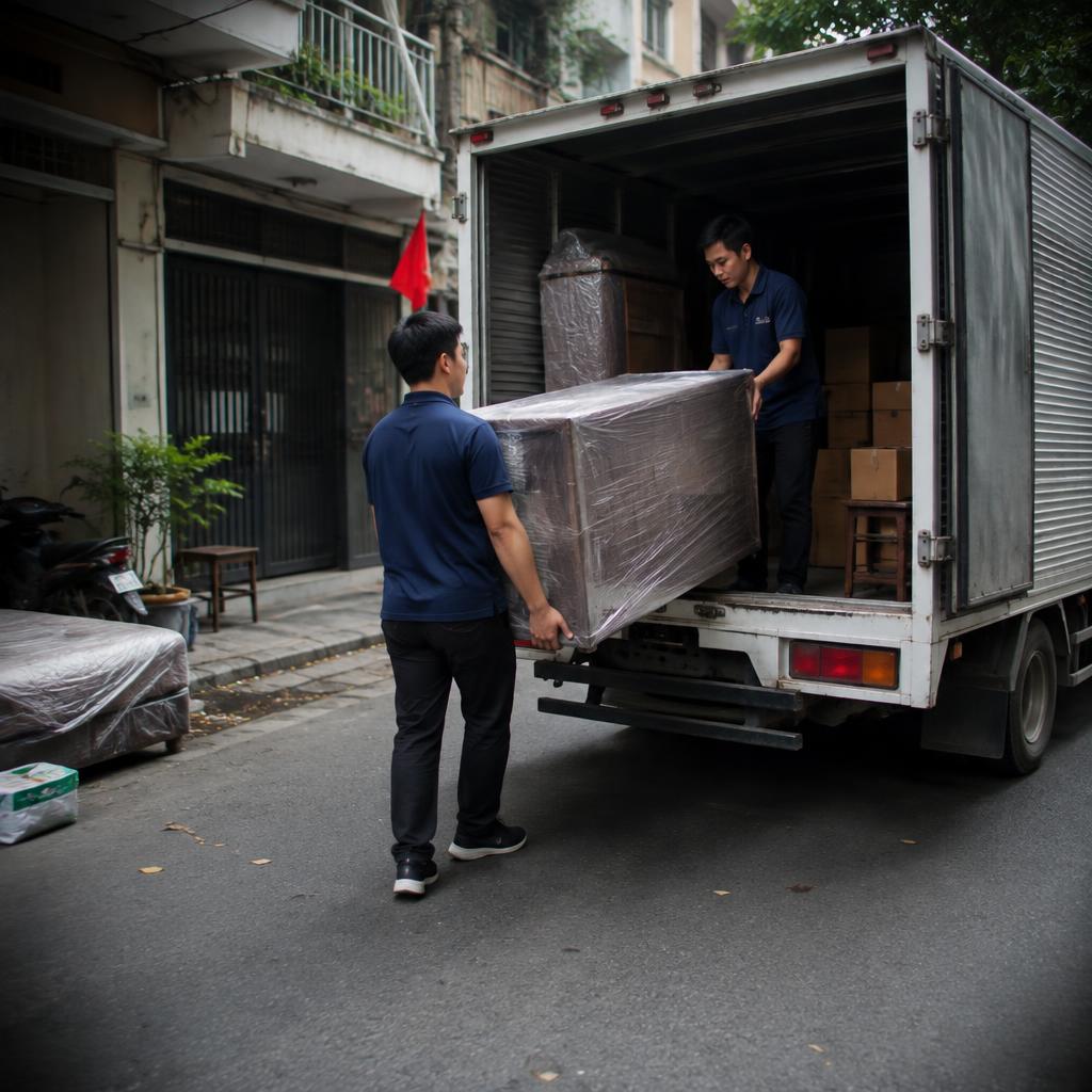 Xe tải chuyển nhà đang di chuyển trên đường phố đông đúc