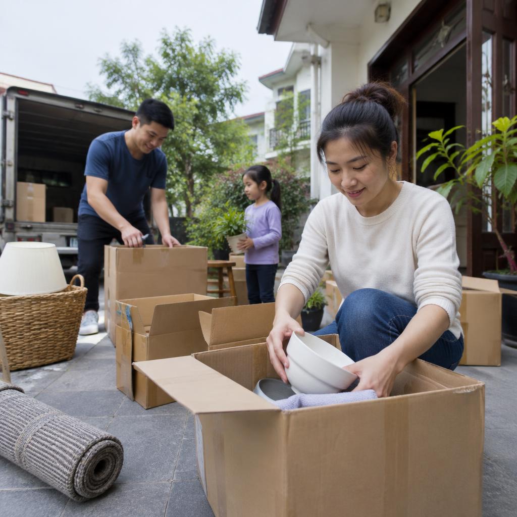 Gia đình đang tự đóng gói đồ đạc vào thùng carton để chuyển nhà