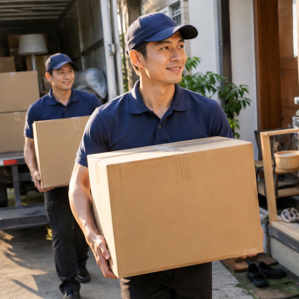 Một đội ngũ nhân viên vận chuyển chuyên nghiệp đang cẩn thận khuân vác hộp đồ lớn.