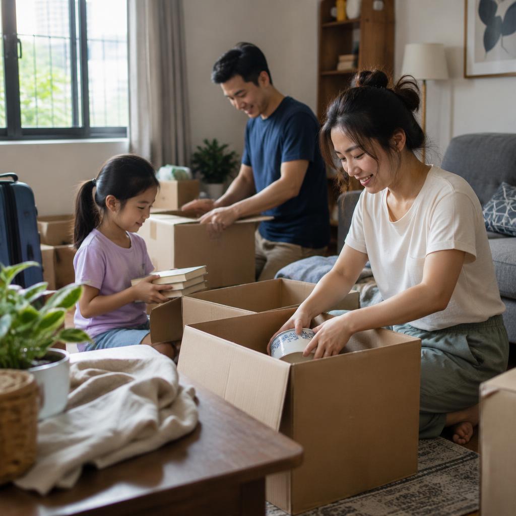 Gia đình đang đóng gói đồ đạc vào thùng carton trong phòng khách, chuẩn bị chuyển nhà liên tỉnh.