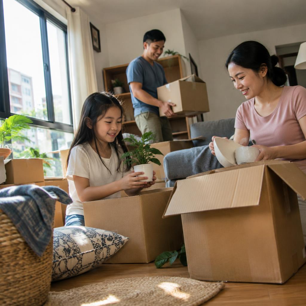 Gia đình đang vui vẻ dỡ đồ từ thùng carton tại căn nhà mới ở Đà Nẵng.