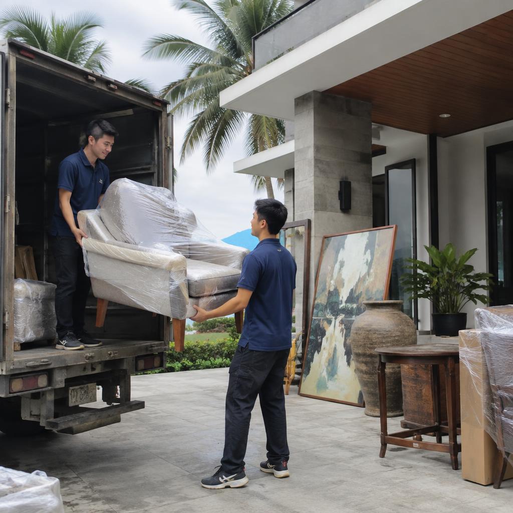 Hình ảnh nhân viên đóng gói cẩn thận một bức tượng điêu khắc lớn trong quá trình chuyển nhà quy mô lớn, vận chuyển đồ đạc phức tạp