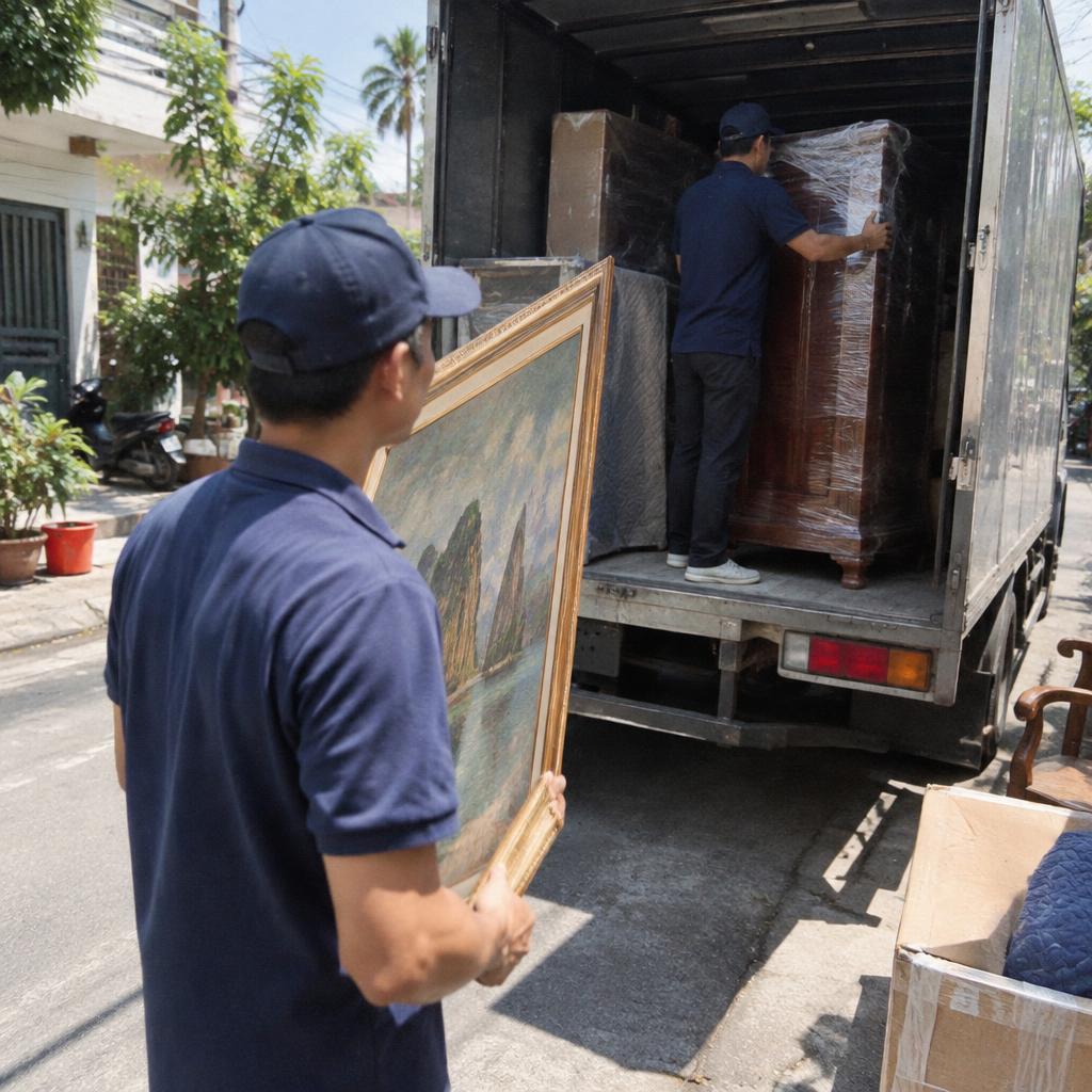 Hình ảnh đội ngũ nhân viên chuyên nghiệp đang cẩn thận bốc xếp đồ nội thất vào xe tải chuyên dụng