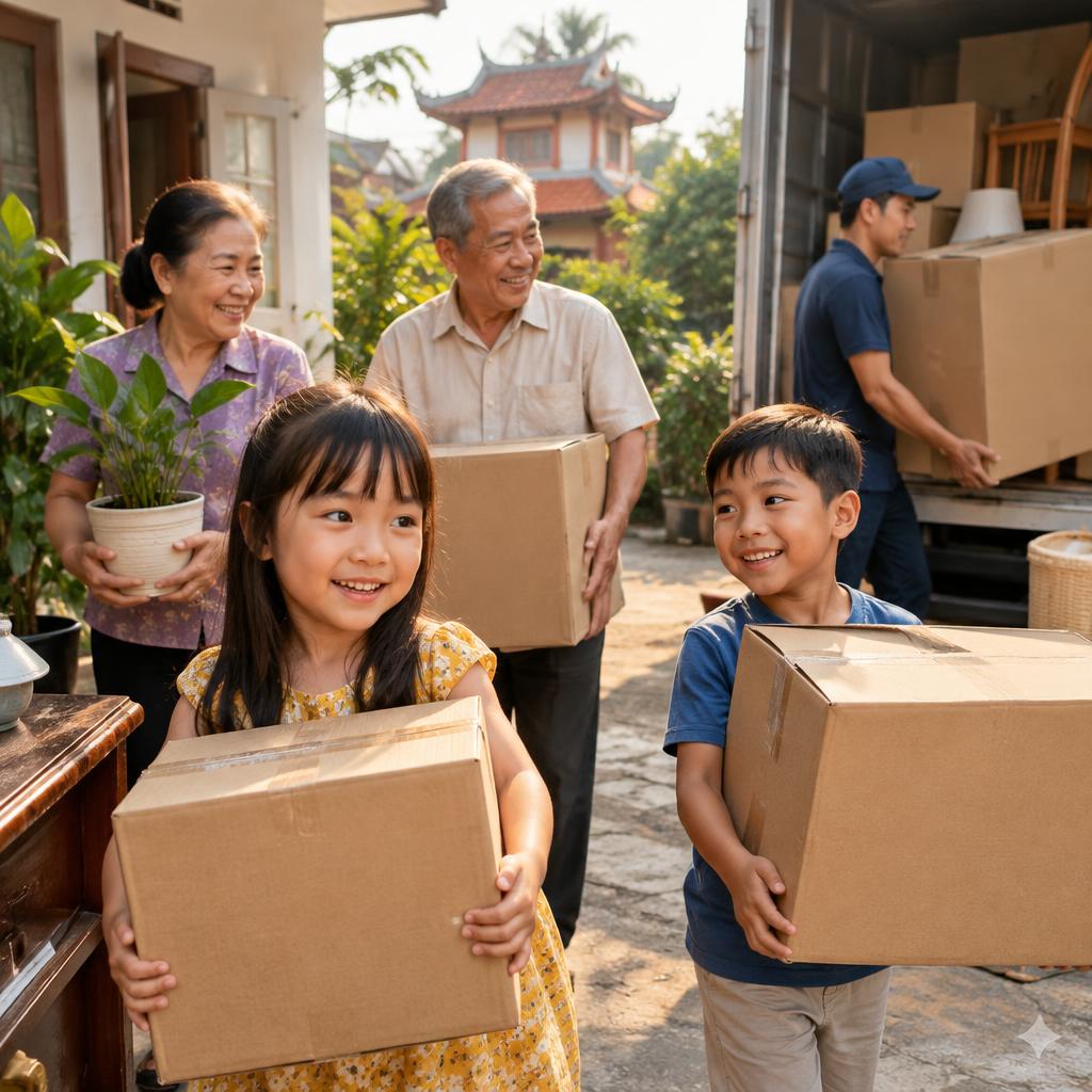 Một gia đình đang chuyển nhà trọn gói với sự hỗ trợ của đội ngũ chuyên nghiệp, đảm bảo an toàn cho trẻ nhỏ và người cao tuổi.