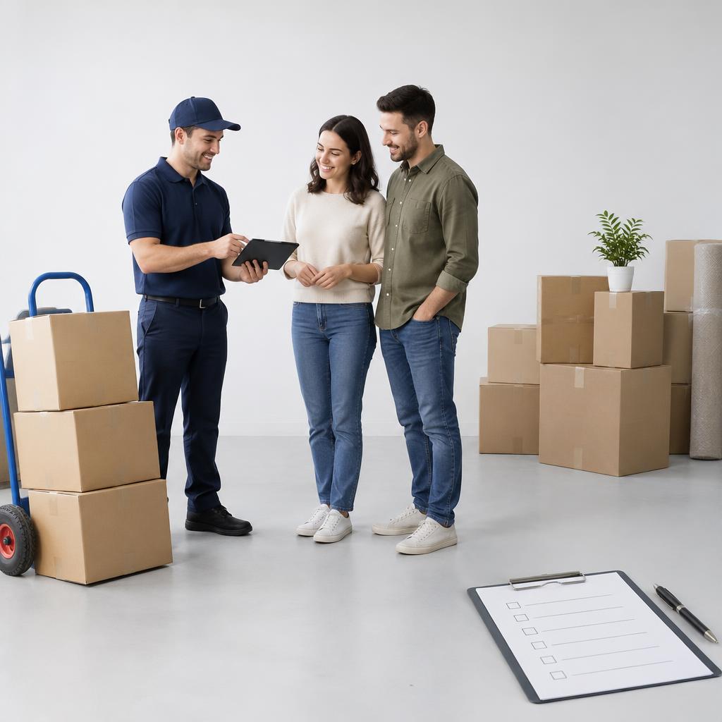 Người chuyển nhà chuyên nghiệp đang kiểm tra danh sách công việc và kế hoạch chuyển nhà chi tiết.