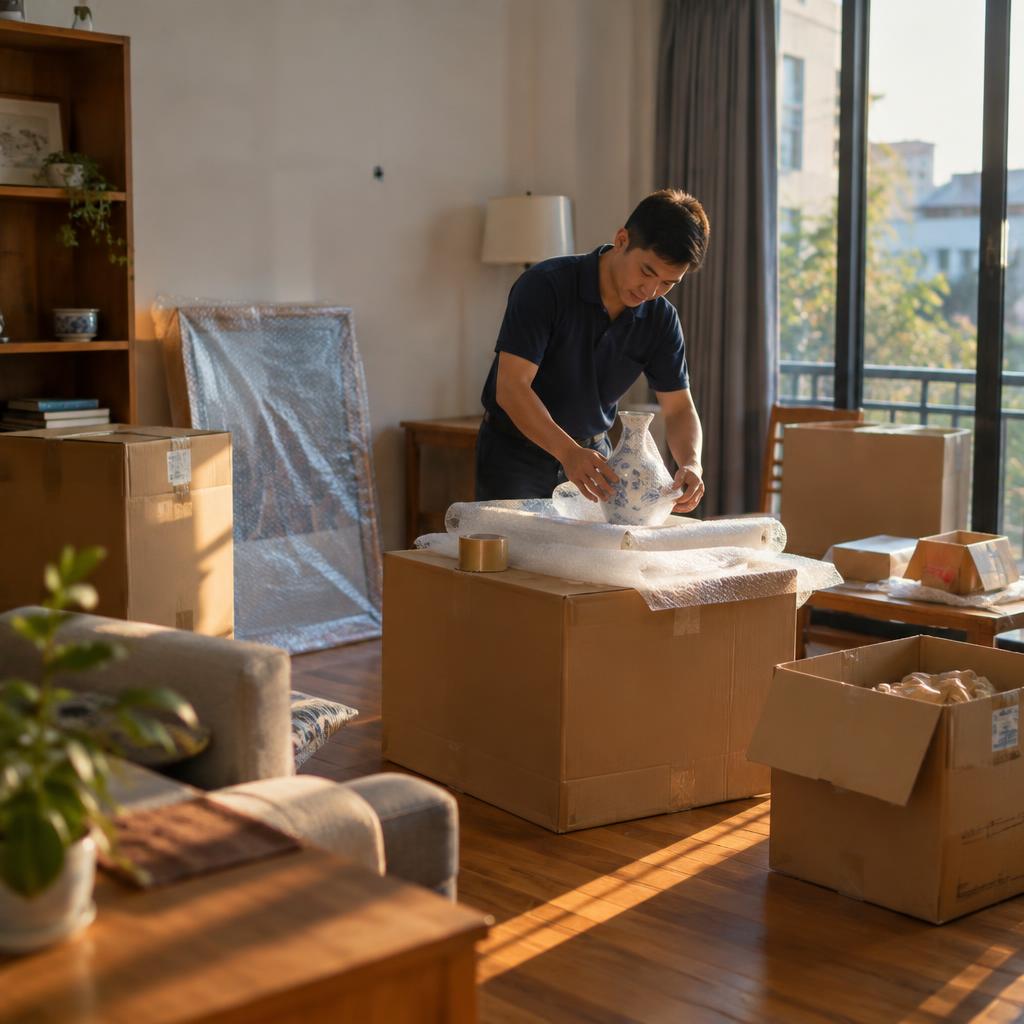 Đội ngũ chuyển nhà đang cẩn thận đóng gói các vật dụng dễ vỡ bằng vật liệu chuyên dụng.
