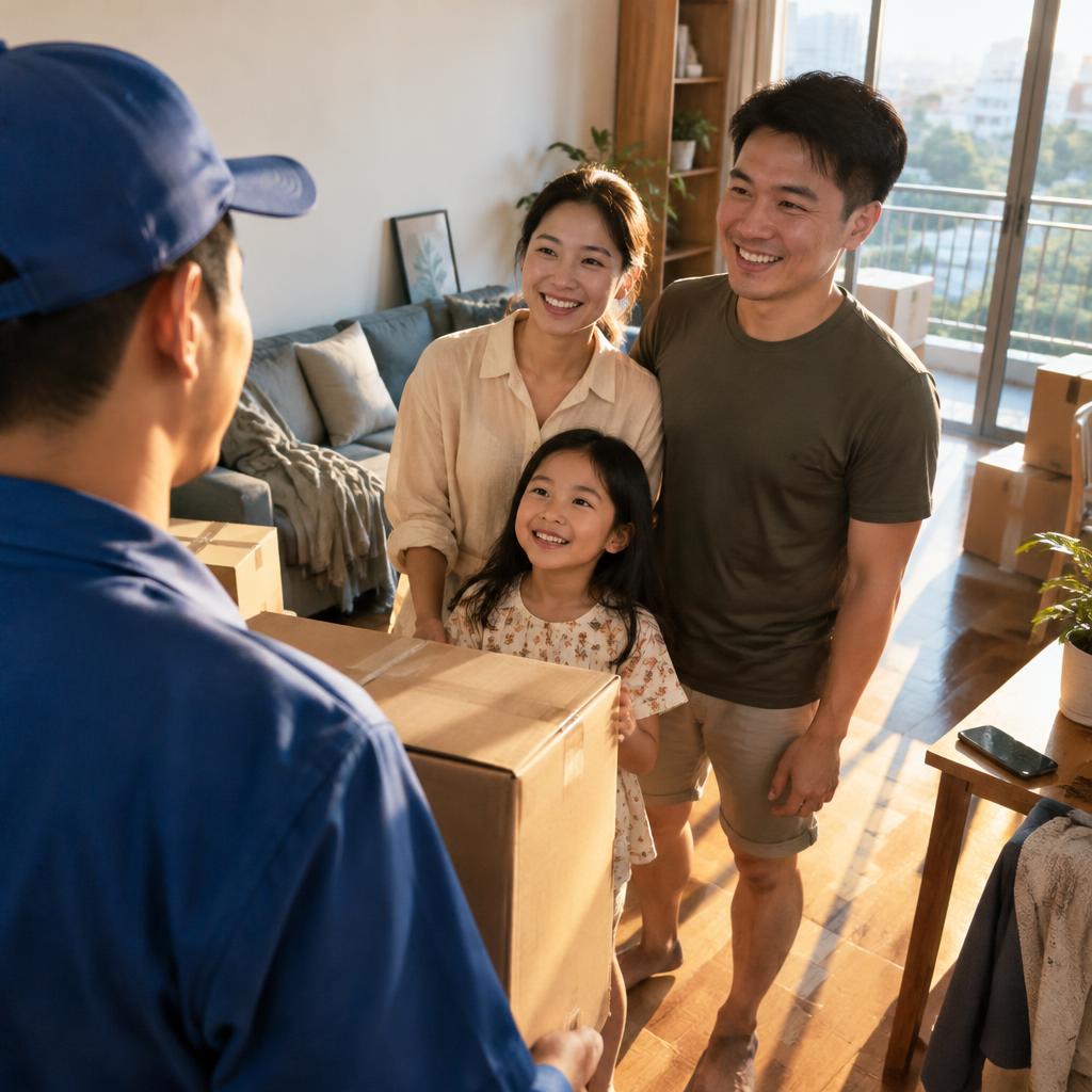 Gia đình hạnh phúc gồm trẻ nhỏ và người cao tuổi đang tận hưởng không gian mới sau khi chuyển nhà thành công.