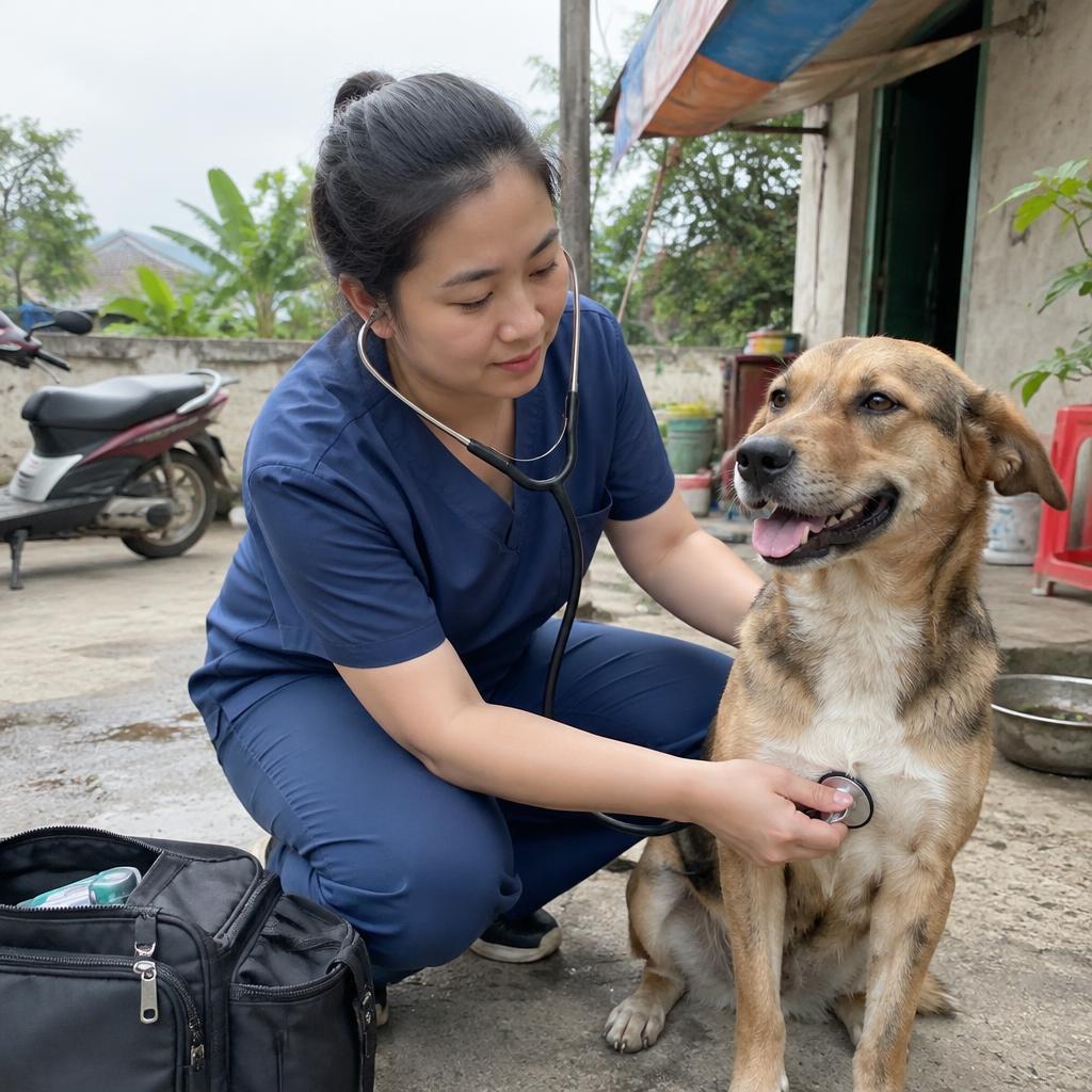 Bác sĩ thú y kiểm tra sức khỏe cho chú chó Alaska, một bước quan trọng trong quá trình Chuyển Nhà Với Vật Nuôi: Câu Chuyện Thực Tế Và Những Kinh Nghiệm Xương Máu