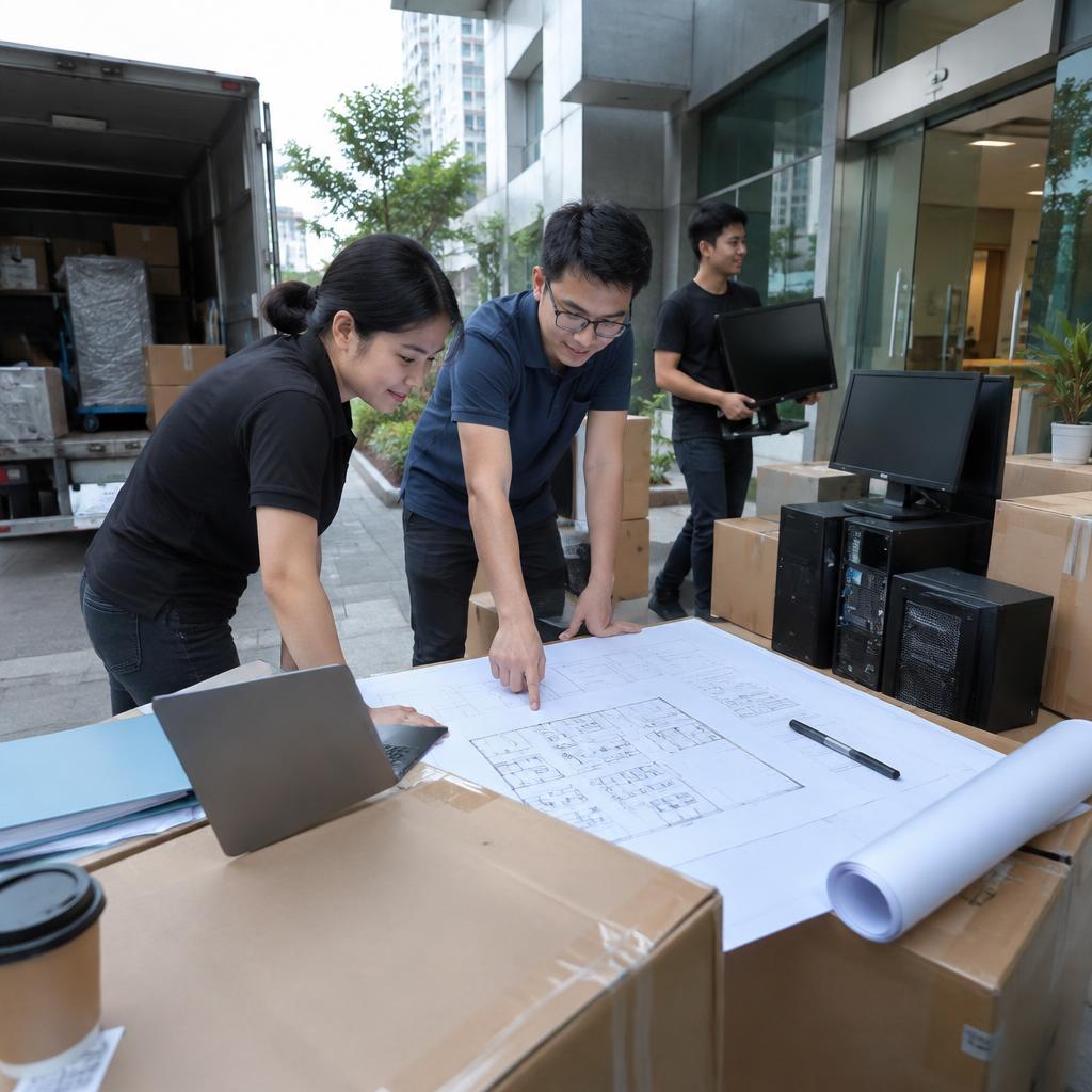 Đội ngũ đang thảo luận kế hoạch chuyển văn phòng công ty IT