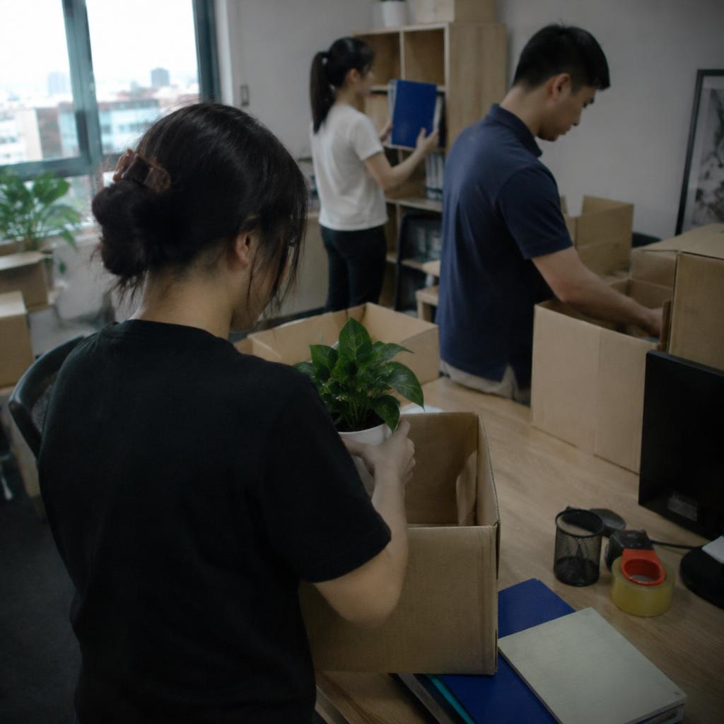 Các nhân viên đang cẩn thận đóng gói tài liệu và vật dụng cá nhân vào hộp, chuẩn bị cho quá trình chuyển văn phòng doanh nghiệp nhỏ.