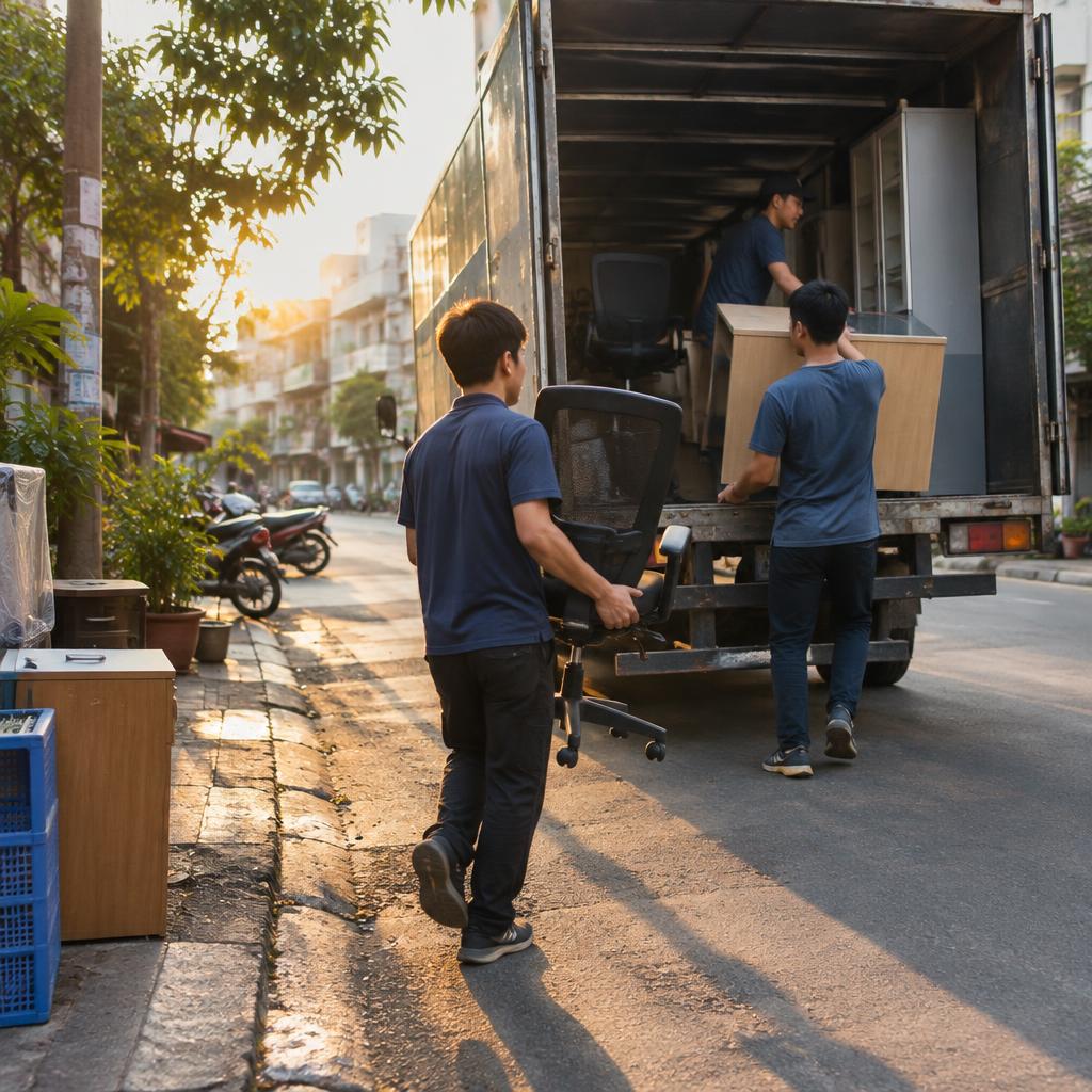 Xe tải đang được chất đầy đồ nội thất văn phòng và các thùng hàng lớn, chuẩn bị cho việc chuyển văn phòng doanh nghiệp nhỏ.