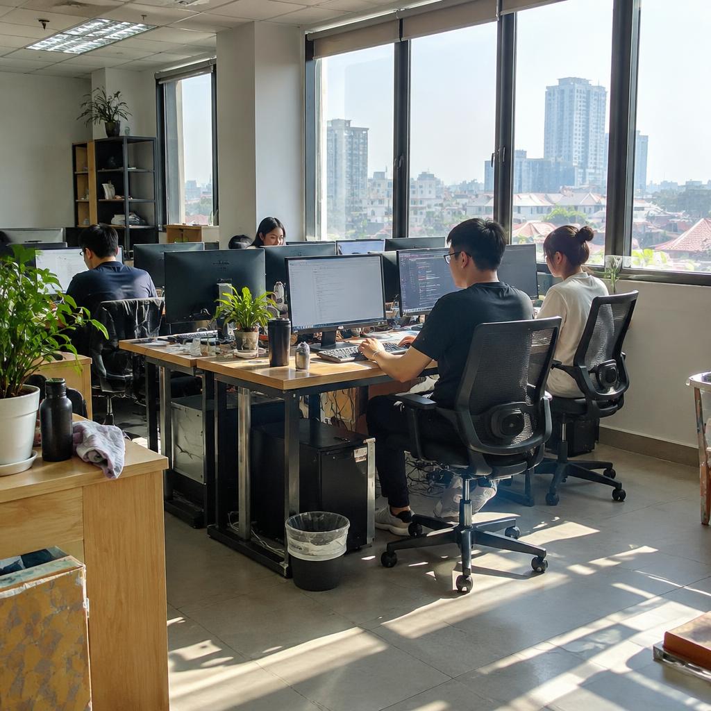 Văn phòng mới đã được sắp xếp gọn gàng với bàn làm việc và máy tính được lắp đặt sẵn sàng, chuẩn bị cho hoạt động của doanh nghiệp nhỏ.
