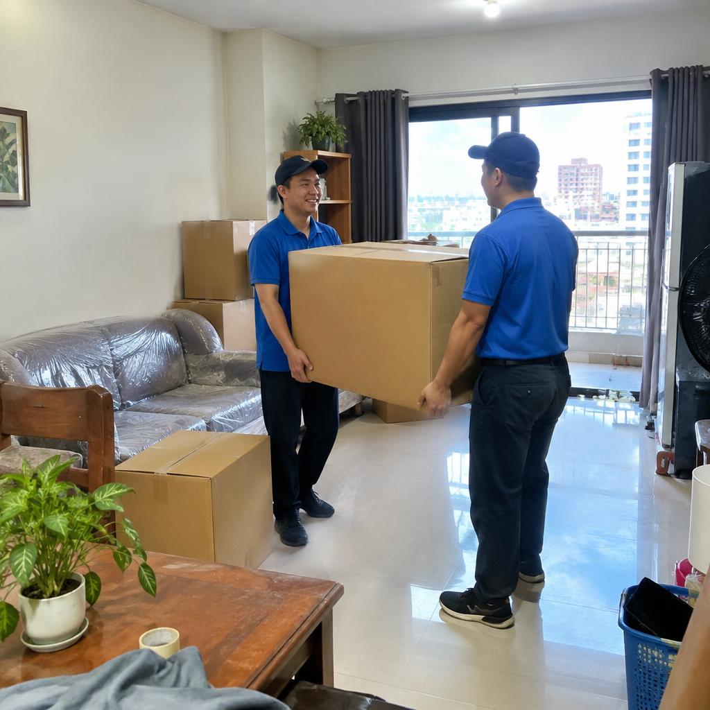 Đội ngũ nhân viên chuyển nhà mặc đồng phục đang cẩn thận di chuyển một thùng hàng lớn, thể hiện sự chuyên nghiệp và phối hợp.