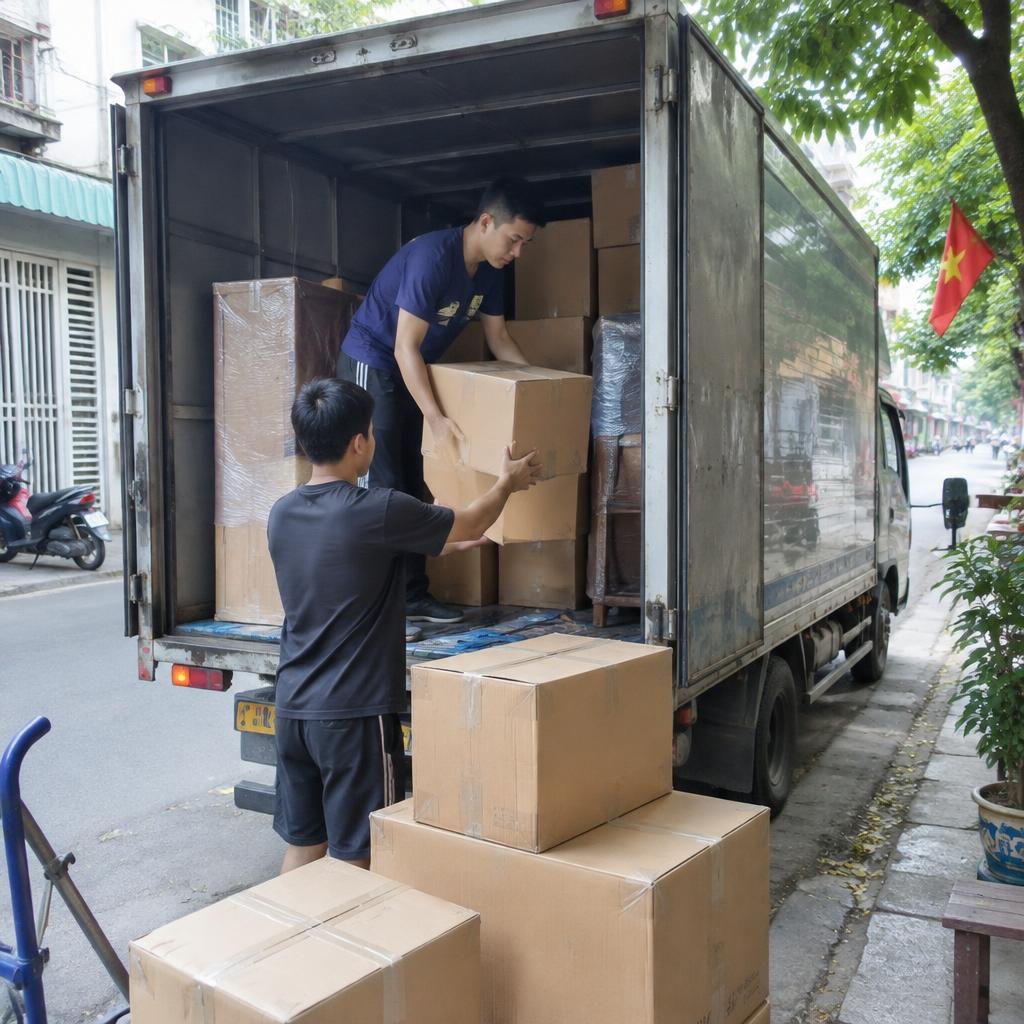 Xe tải chuyển nhà chuyên dụng đang đỗ trước một ngôi nhà, với nhiều thùng đóng gói được dán nhãn cẩn thận, sẵn sàng cho việc vận chuyển đồ đạc.