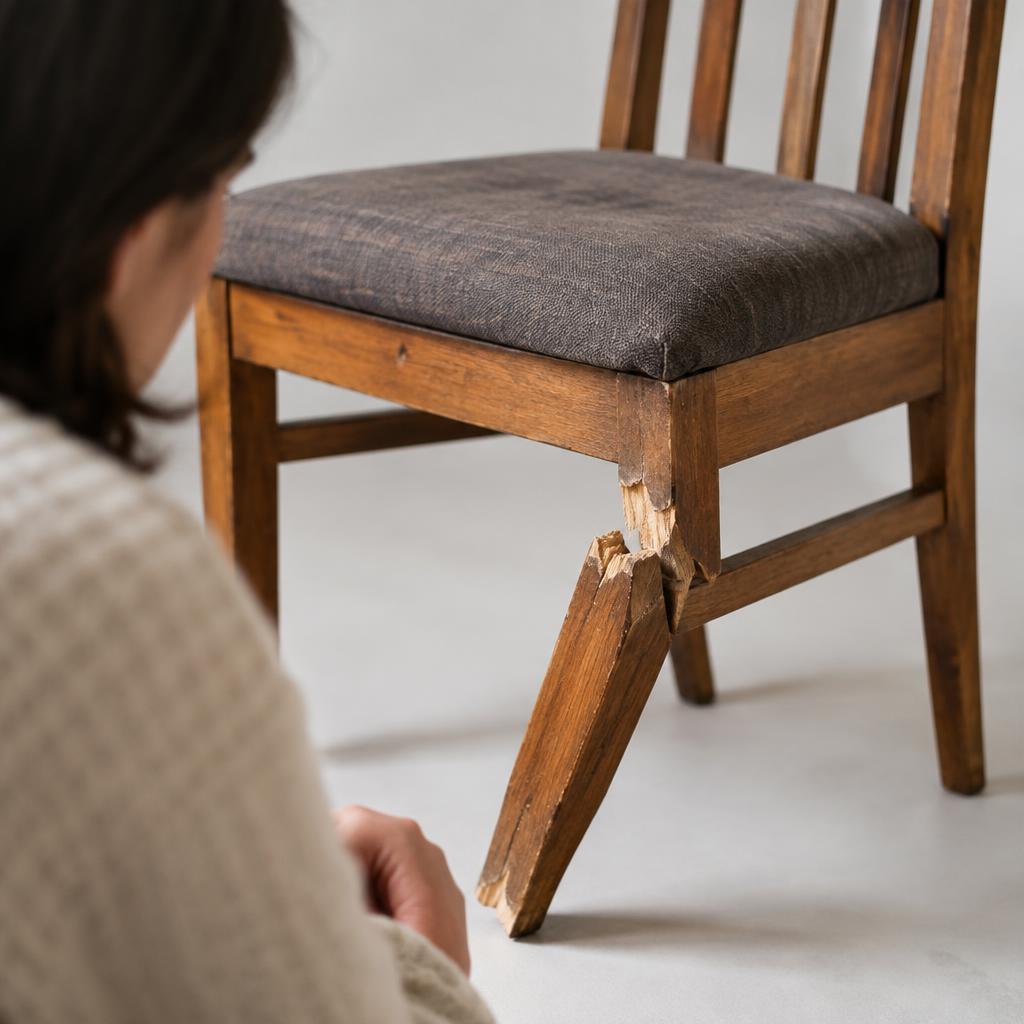 Một chiếc ghế sofa bị hư hỏng nặng nằm trên sàn, minh họa hậu quả của việc chọn dịch vụ chuyển nhà không chuyên nghiệp.