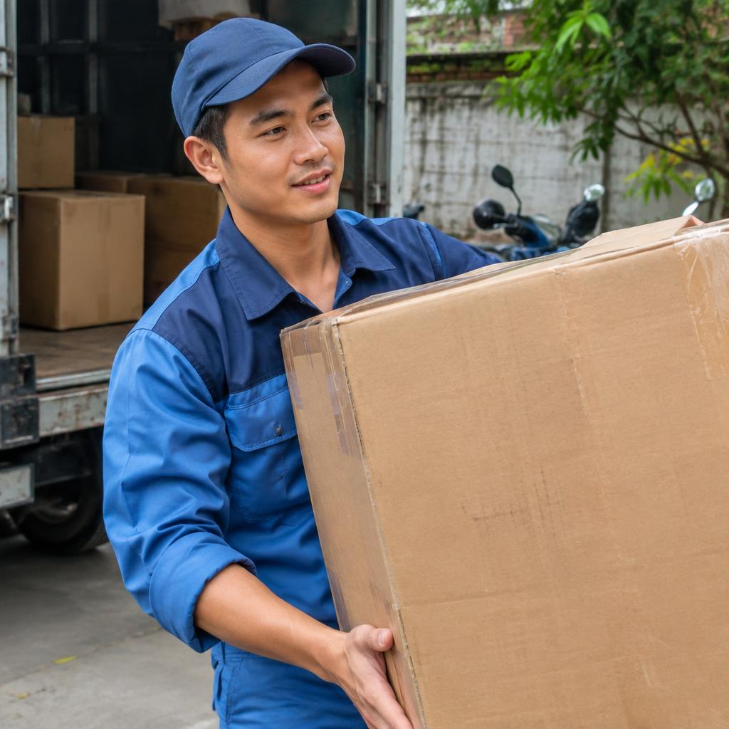 Người đàn ông đang cố gắng nâng một thùng hàng nặng