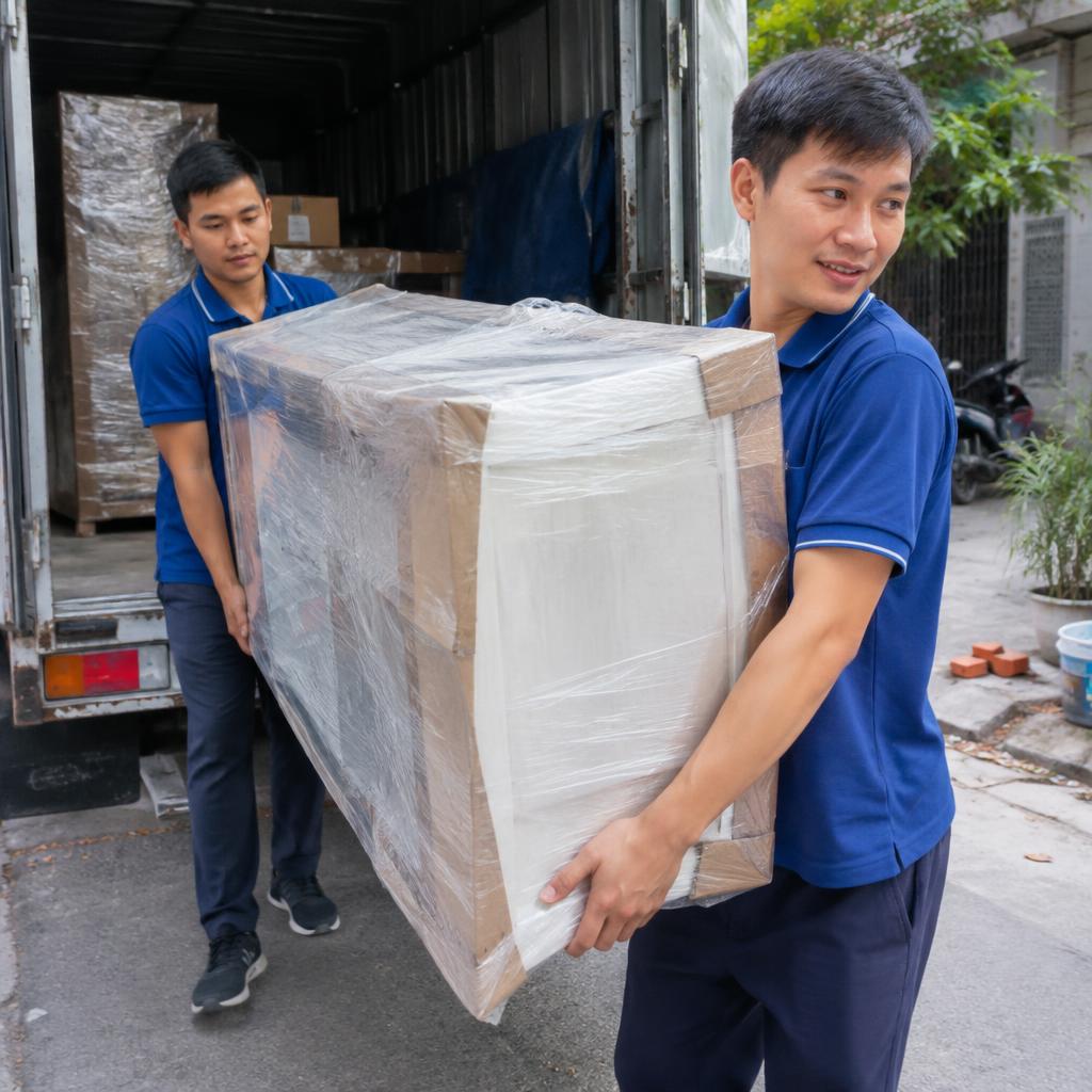 Đội ngũ nhân viên dịch vụ bốc xếp chuyên nghiệp đang bốc dỡ hàng hóa từ xe tải
