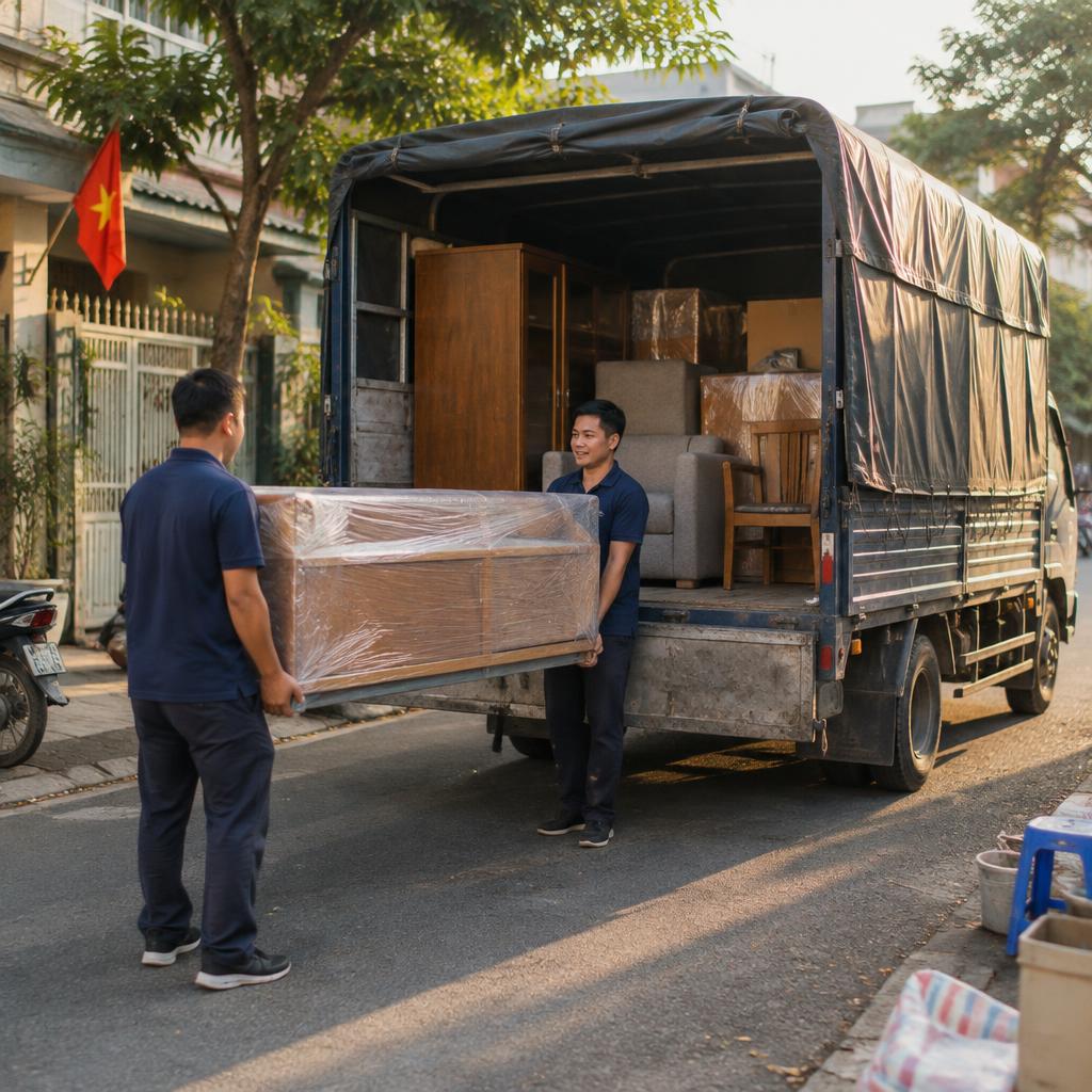 Nội thất và thùng hàng được sắp xếp gọn gàng trong xe tải chuyển nhà