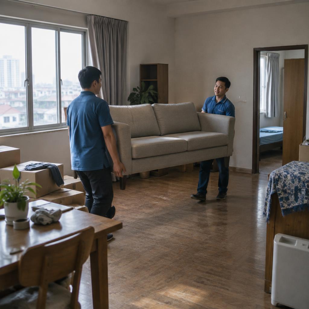 Nhân viên dịch vụ chuyển nhà cẩn thận di chuyển đồ đạc lớn vào căn hộ mới