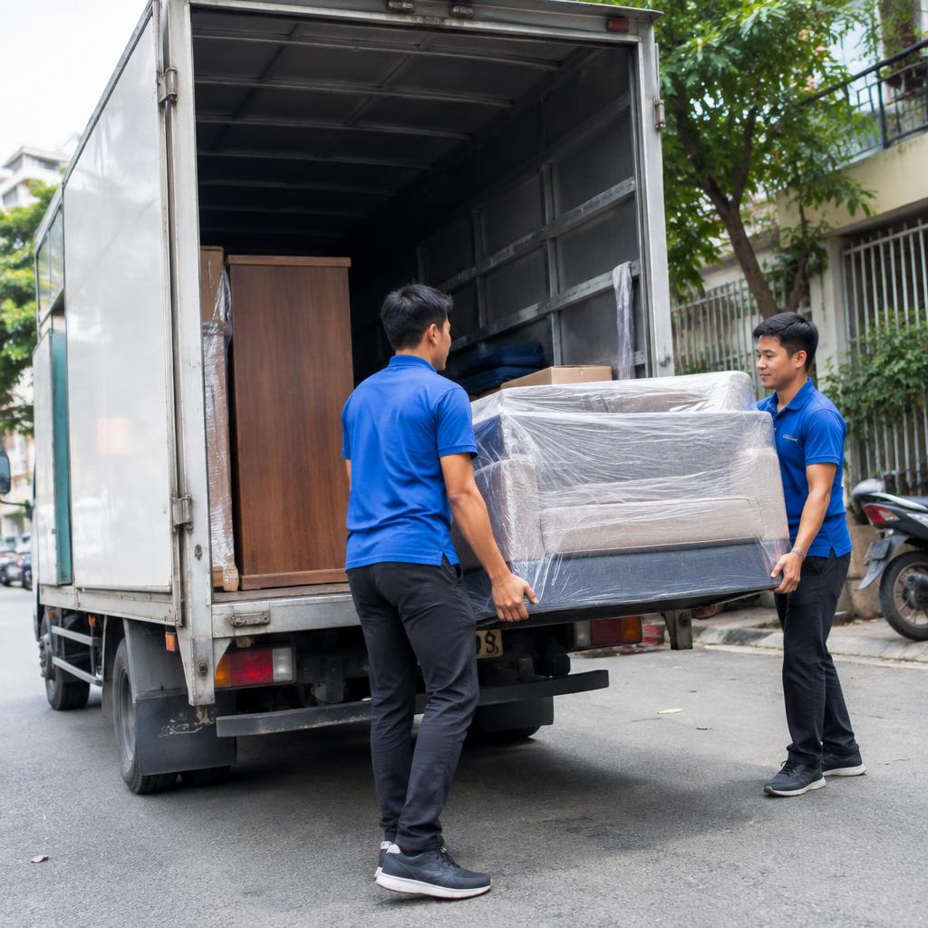 Xe tải vận chuyển của dịch vụ chuyển nhà đỗ trước cửa một ngôi nhà
