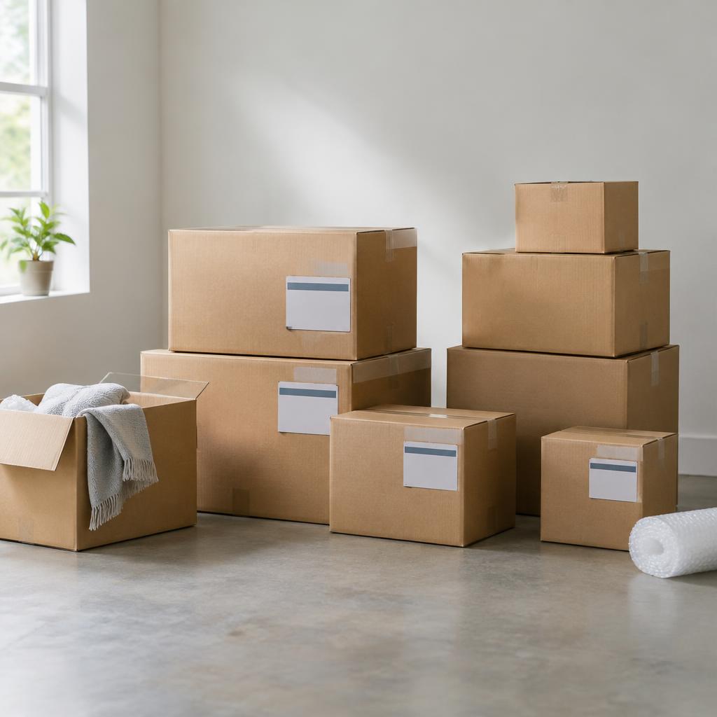 Các thùng carton được dán nhãn cẩn thận với đồ dùng văn phòng bên trong