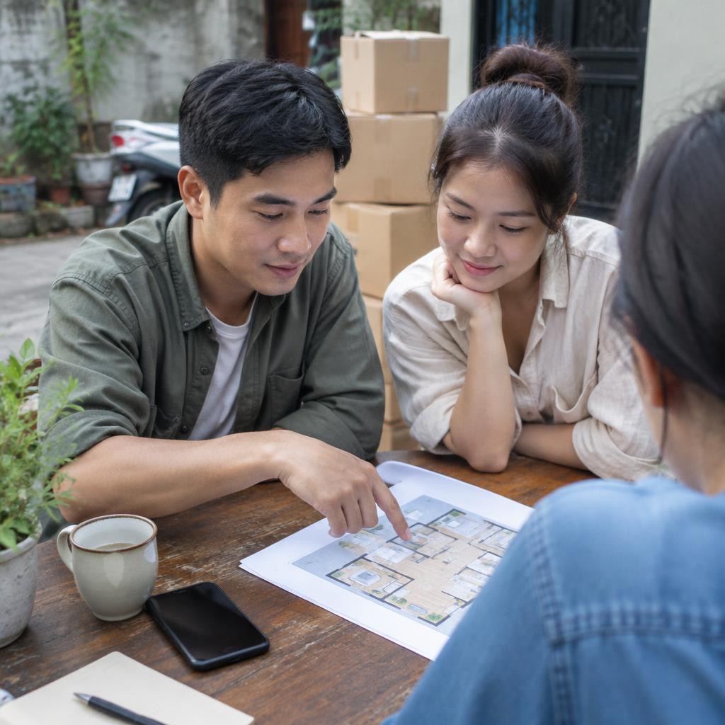 Gia đình đang lập kế hoạch chuyển nhà với danh sách ghi chú và bản đồ