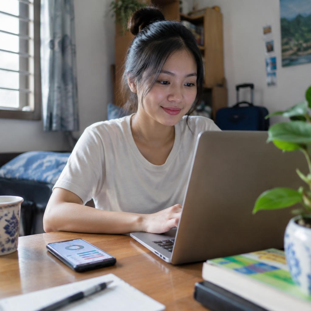 Người phụ nữ trẻ đang xem xét bảng lập ngân sách chuyển nhà trên máy tính xách tay