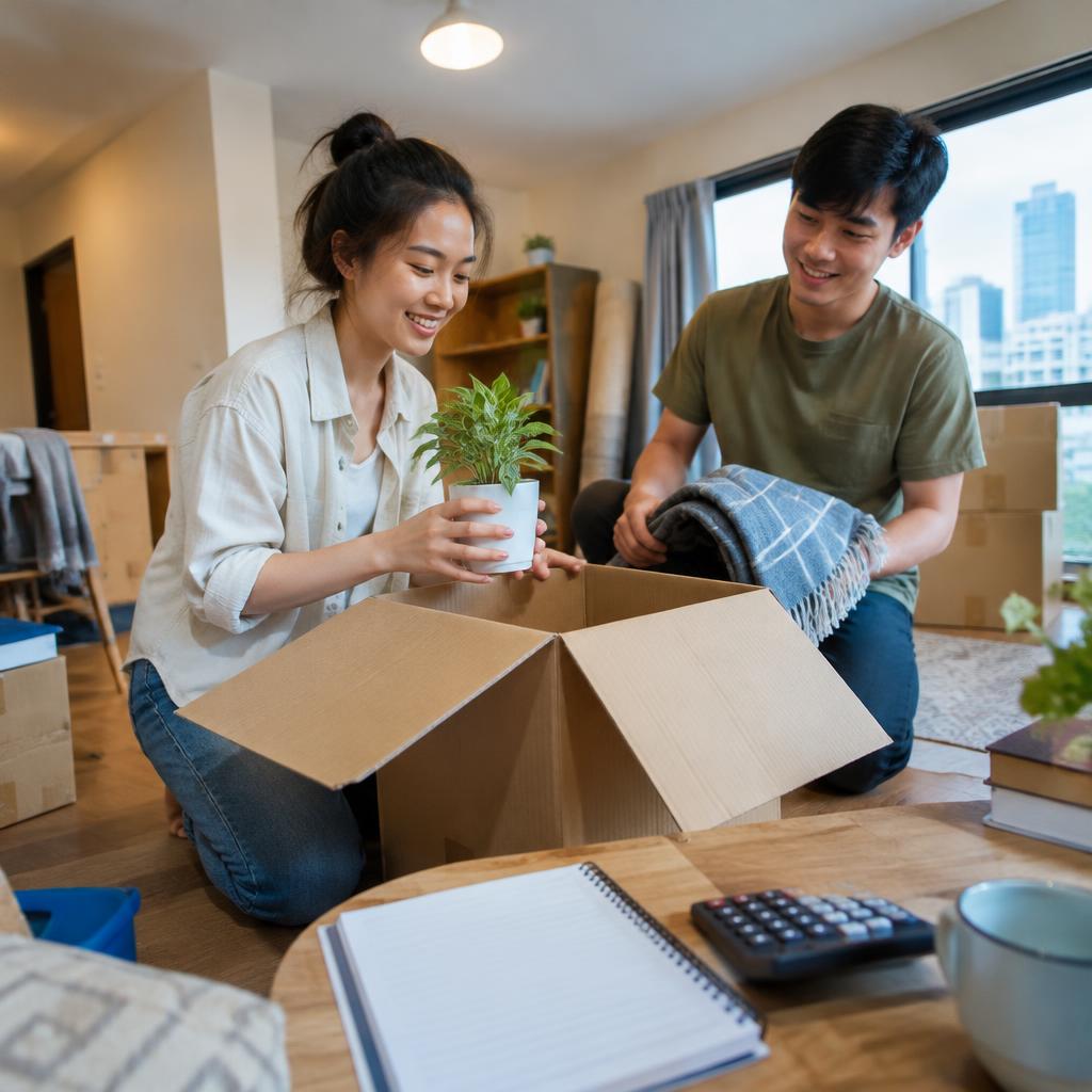 Cặp đôi đang vui vẻ mở thùng đồ trong căn nhà mới của họ