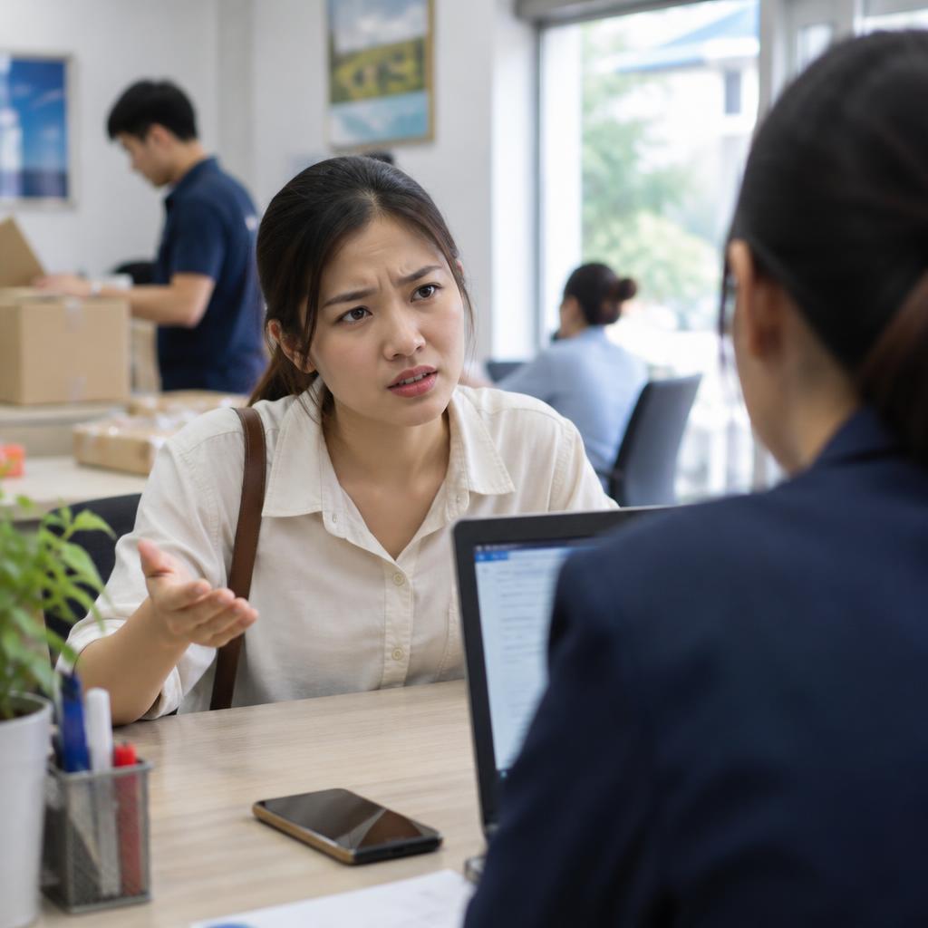 Một khách hàng đang trình bày vấn đề với nhân viên dịch vụ khách hàng tại quầy hỗ trợ