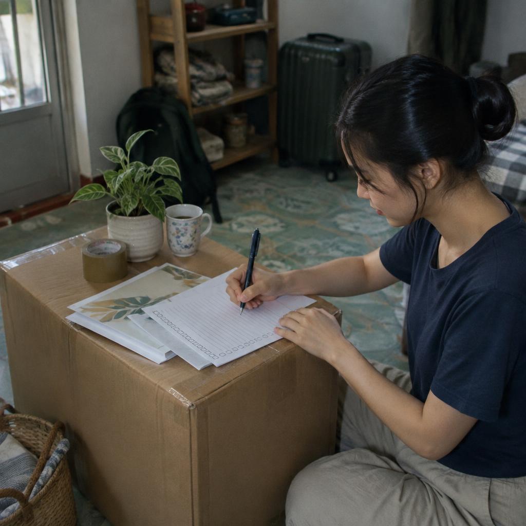 Người phụ nữ đang kiểm tra danh sách đồ đạc và ghi chép trên một tập tài liệu, bên cạnh các thùng carton