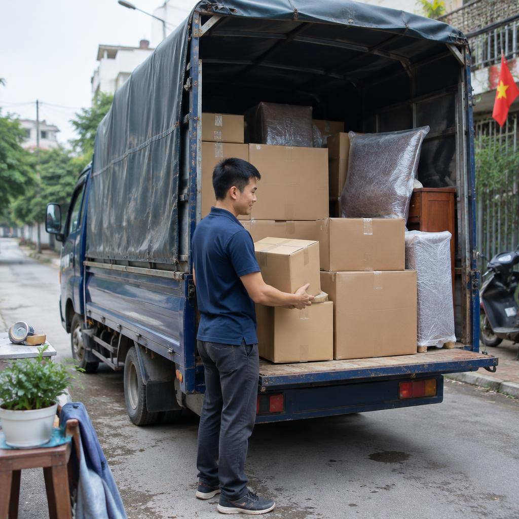 Hình ảnh một chiếc taxi tải đang được sắp xếp đồ đạc khoa học, các thùng carton và vật dụng được xếp gọn gàng, chặt chẽ