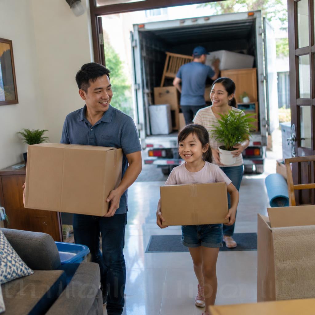 Gia đình vui vẻ dỡ đồ vào nhà mới, các thùng hàng được sắp xếp gọn gàng, thể hiện lợi ích của việc vận chuyển hiệu quả