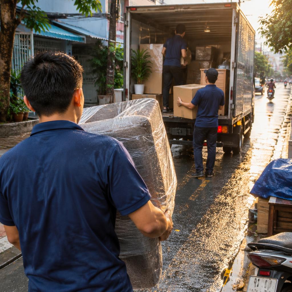 Một chiếc xe tải chuyển nhà đang đỗ dưới trời mưa lớn, có người đứng che ô gần đó.