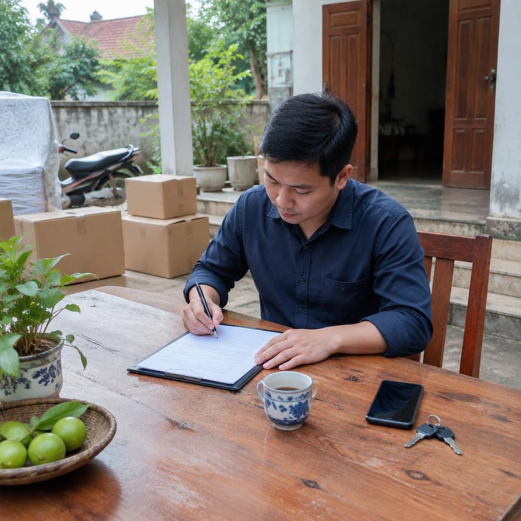 Một người phụ nữ đang xem xét và ký vào một bản hợp đồng chuyển nhà, tay cầm bút.