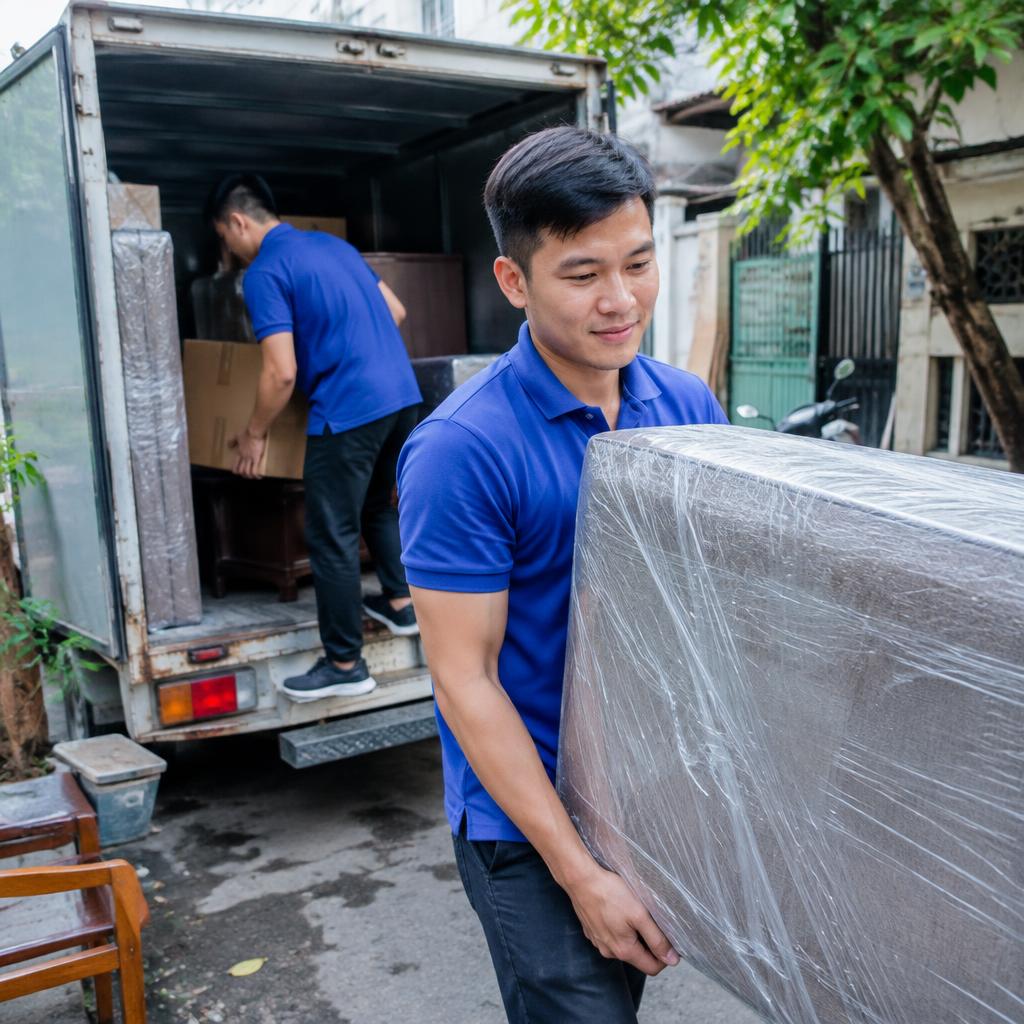 Xe tải chuyển nhà và đội ngũ nhân viên chuyên nghiệp đang bốc xếp đồ đạc