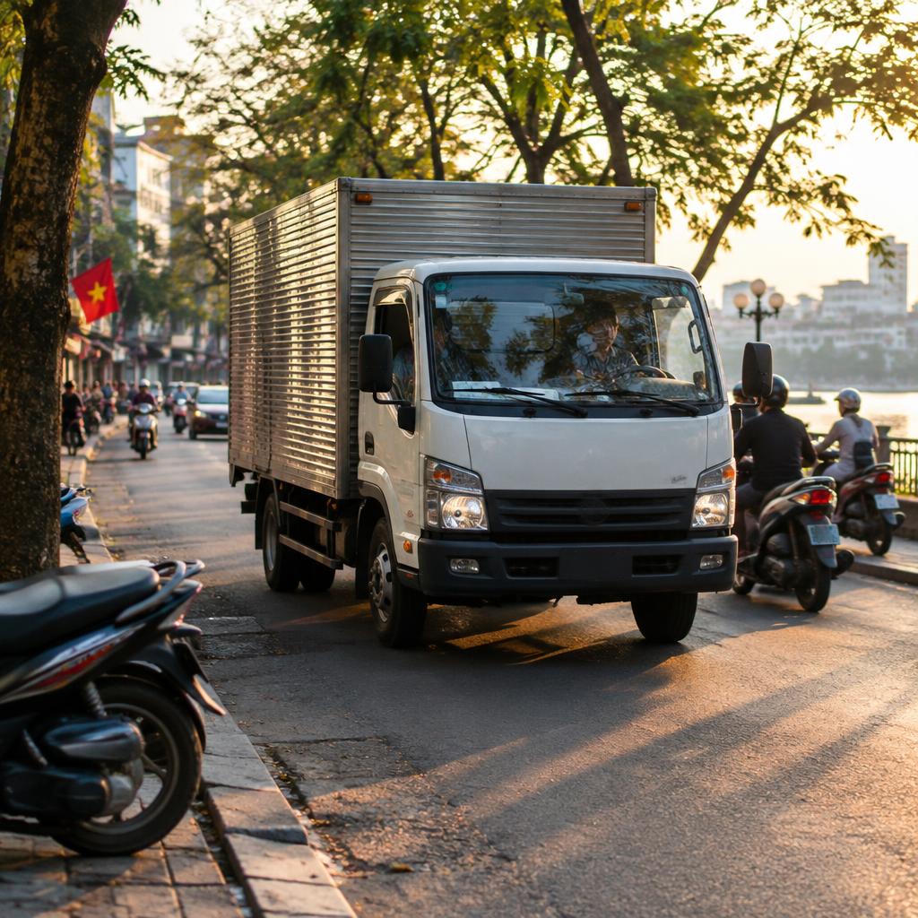 Xe tải chuyển nhà di chuyển trên đường phố đông đúc tại Hà Nội