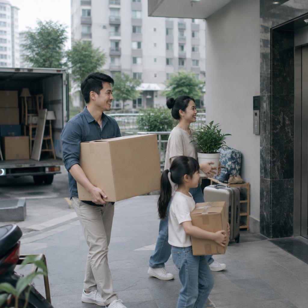 Gia đình hạnh phúc nhận đồ đạc chuyển đến căn hộ mới