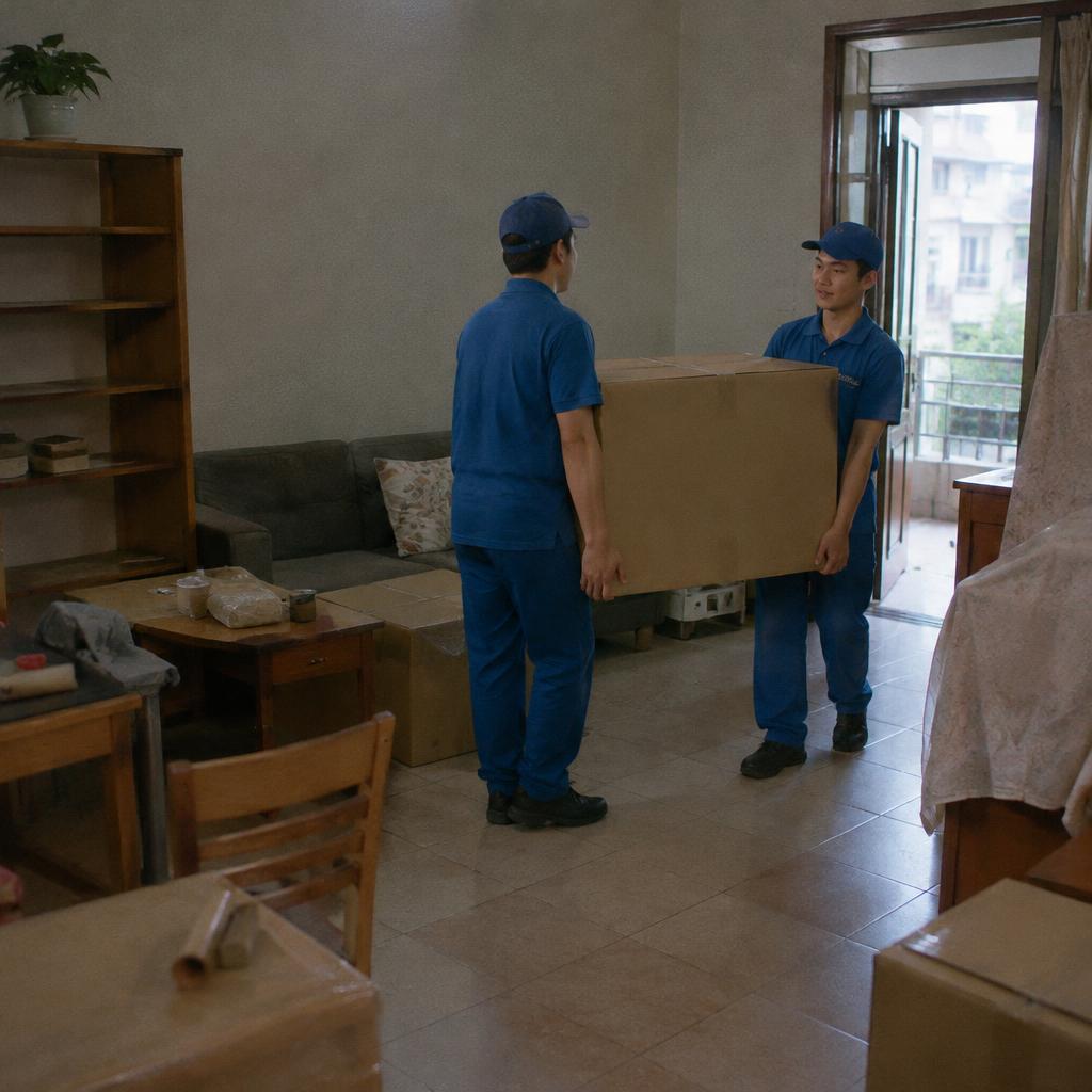 Đội ngũ bốc xếp chuyên nghiệp đang vận chuyển một chiếc thùng hàng lớn một cách cẩn thận, cho thấy tầm quan trọng của việc tối ưu quy trình bốc xếp.
