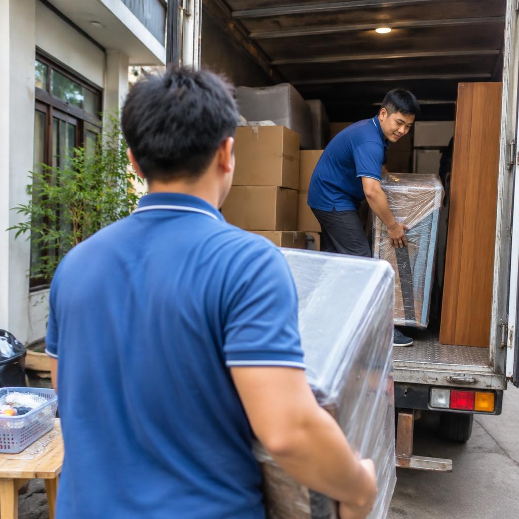 Đội ngũ bốc xếp chuyên nghiệp đang cẩn thận xếp đồ đạc lên xe tải chuyển nhà, thể hiện sự hiệu quả và an toàn của dịch vụ chuyên nghiệp.