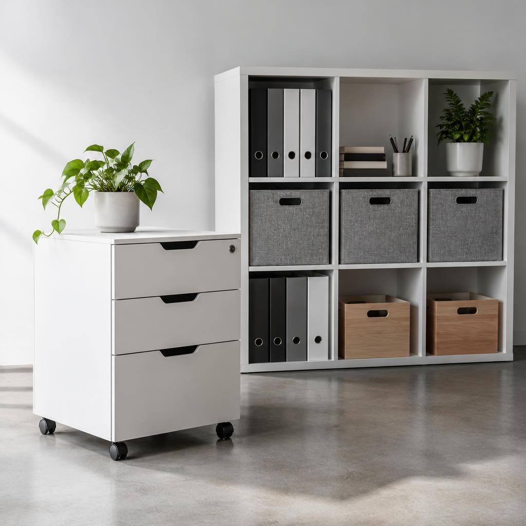 Các giải pháp lưu trữ hiện đại trong văn phòng với tủ kệ âm tường và khu vực làm việc gọn gàng.
