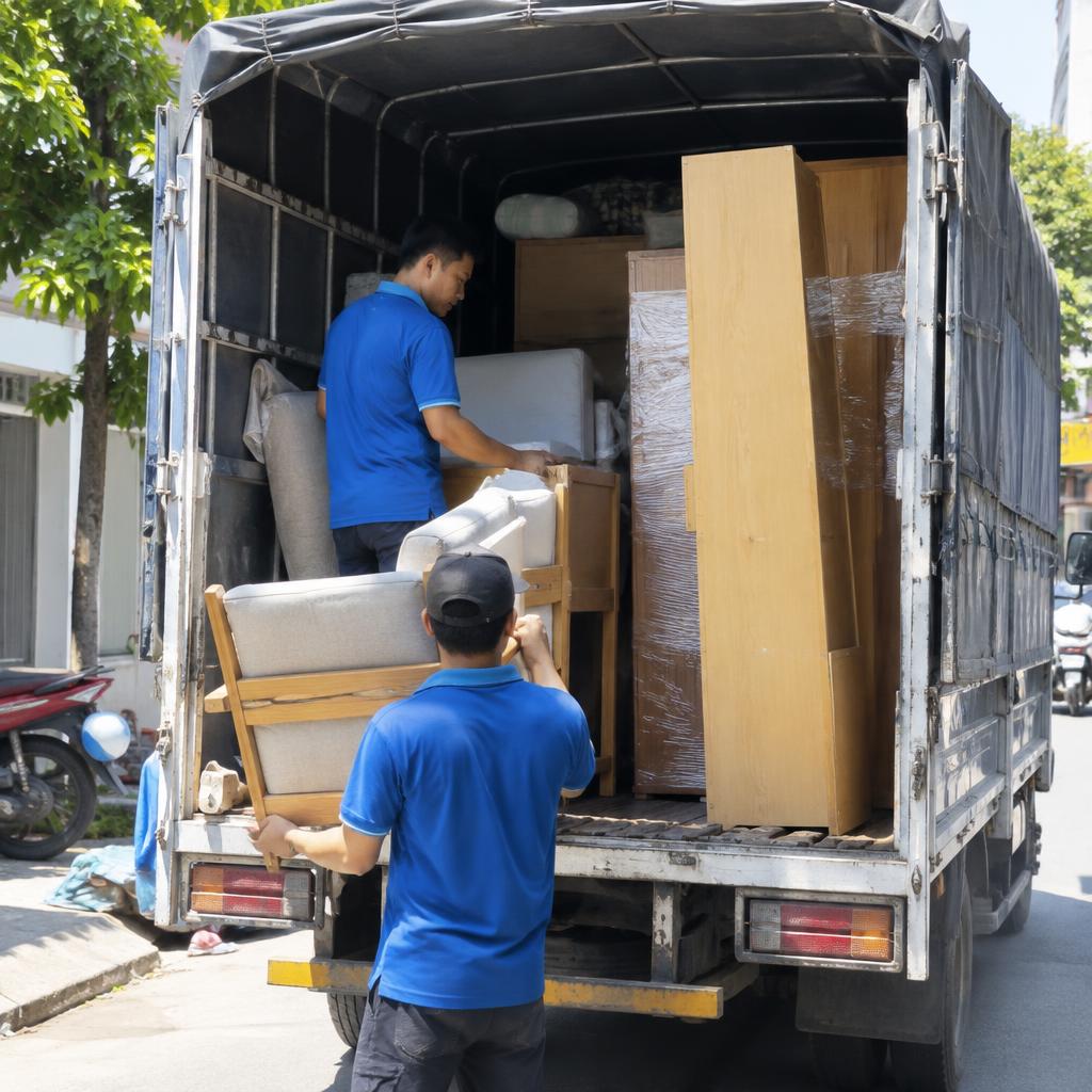 Xe tải chuyên dụng đang vận chuyển đồ đạc của khách hàng.