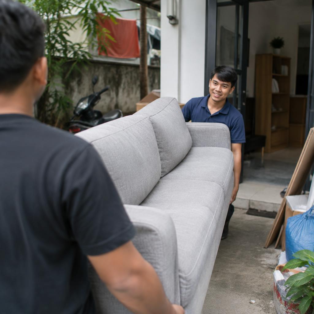 Đồ đạc được bốc dỡ và sắp xếp tại địa điểm mới.