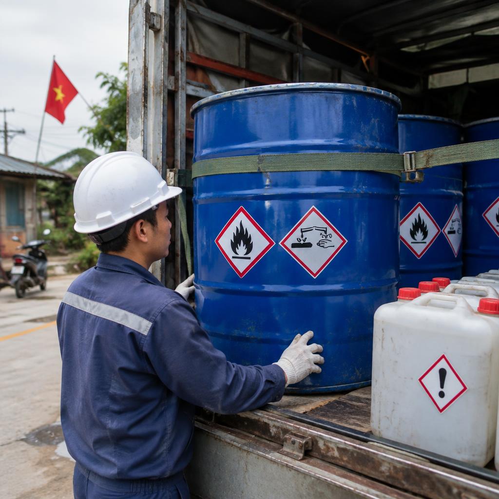 Các thùng chứa hóa chất gia dụng được đóng gói và dán nhãn cẩn thận để vận chuyển