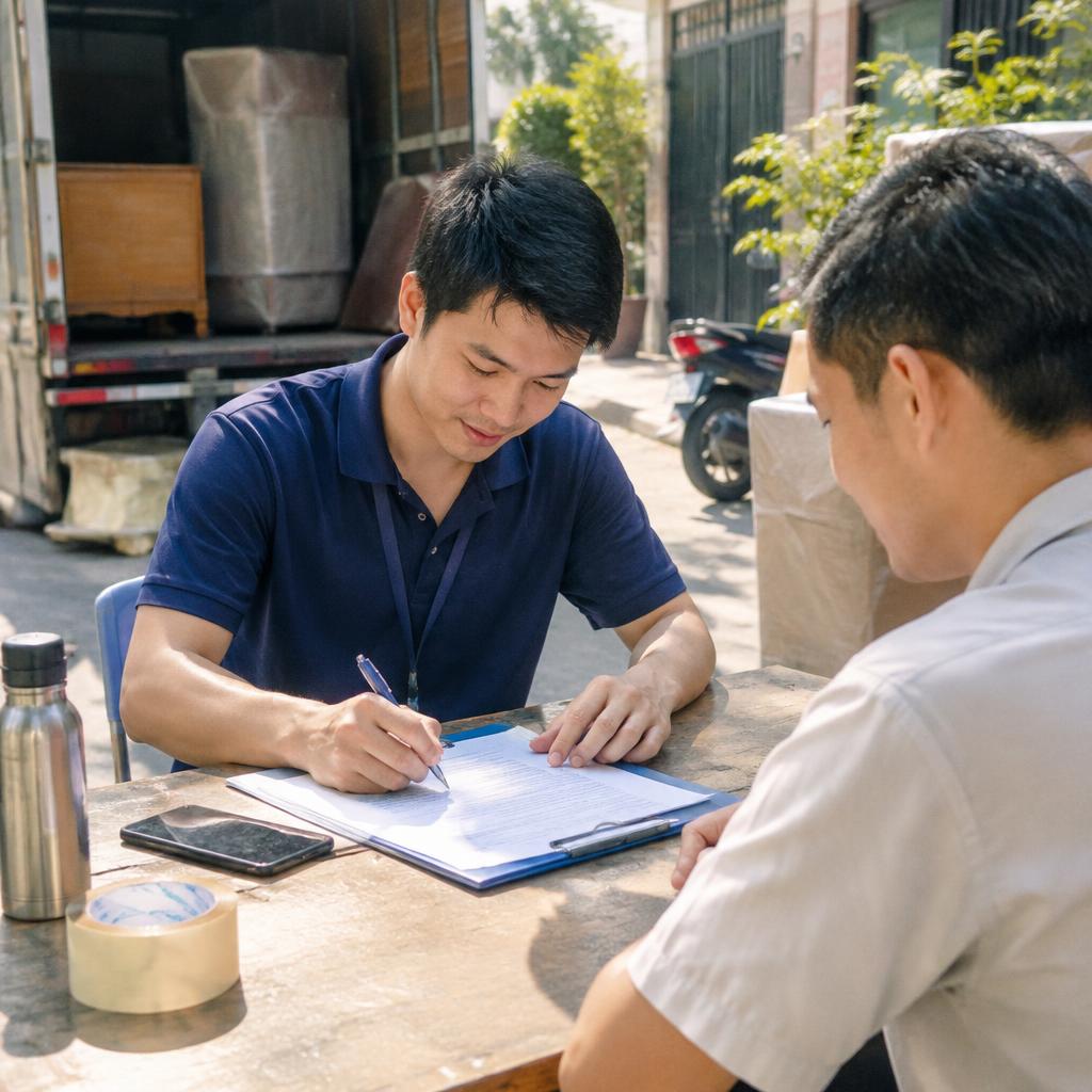 Khách hàng và đại diện công ty vận chuyển ký kết hợp đồng dịch vụ và bảo hiểm