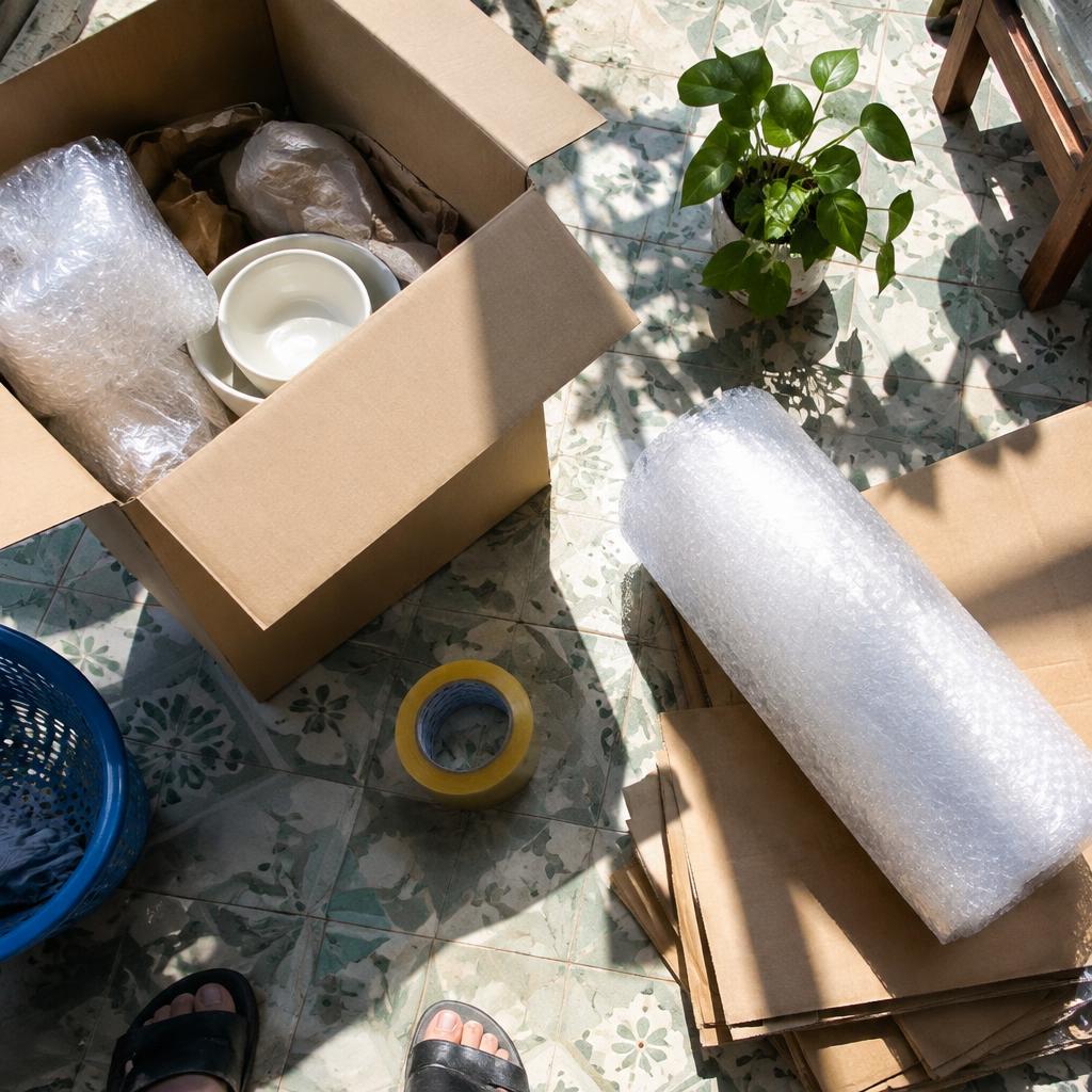 Các vật liệu đóng gói như thùng carton, băng keo, màng bọc và xốp chống sốc được sắp xếp gọn gàng