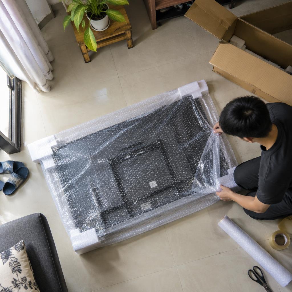 Đồ điện tử như tivi và máy tính được đóng gói cẩn thận bằng màng xốp và thùng carton chuyên dụng